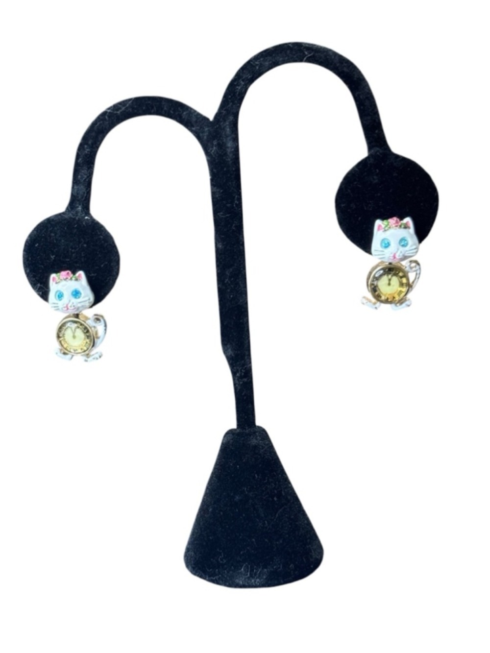 Women's Unbranded Cat Clock Earrings, One Size, White & Gold